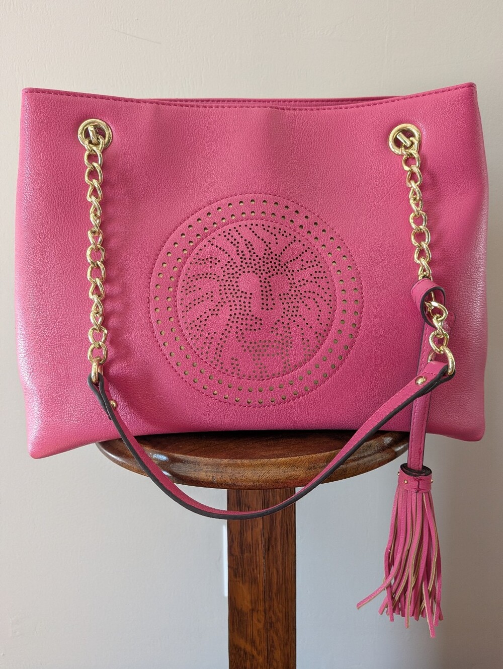 Anne Klein Hot Pink Shoulder Handbag Purse Partial Chain Strap With Tassel